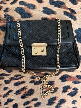 Black Quilted Chain Shoulder Bag with Gold Hardware